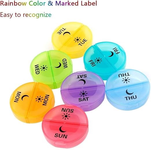 Daily Pill Organizer (Twice-a-Day) - Weekly AM/PM Pill Box, Round Medicine Organizer, 7 Day Pill Container, Vitamin Organizer for Vitamin Fish Oils Supplement