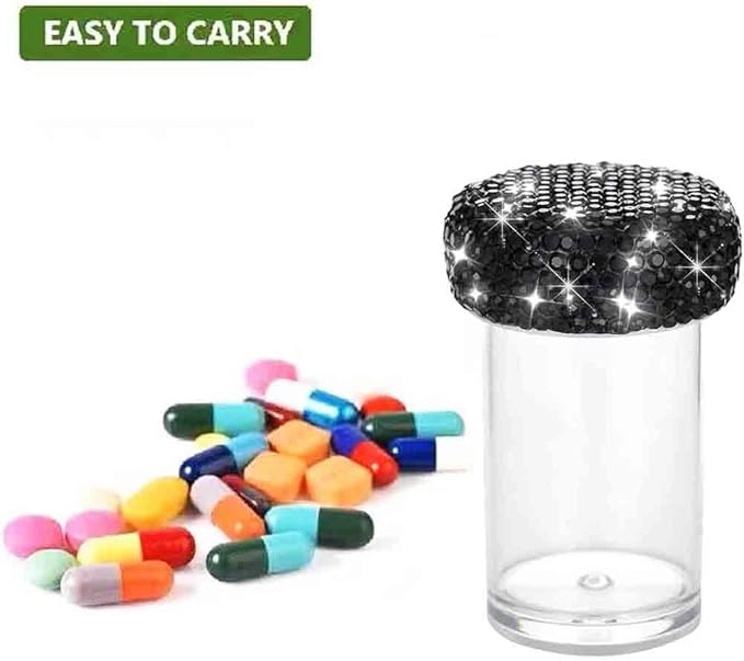 Bling Diamond Portable Waterproof Pill Case Medicine Dispenser Bottle Storage for Outdoor Camping Travel (Black)