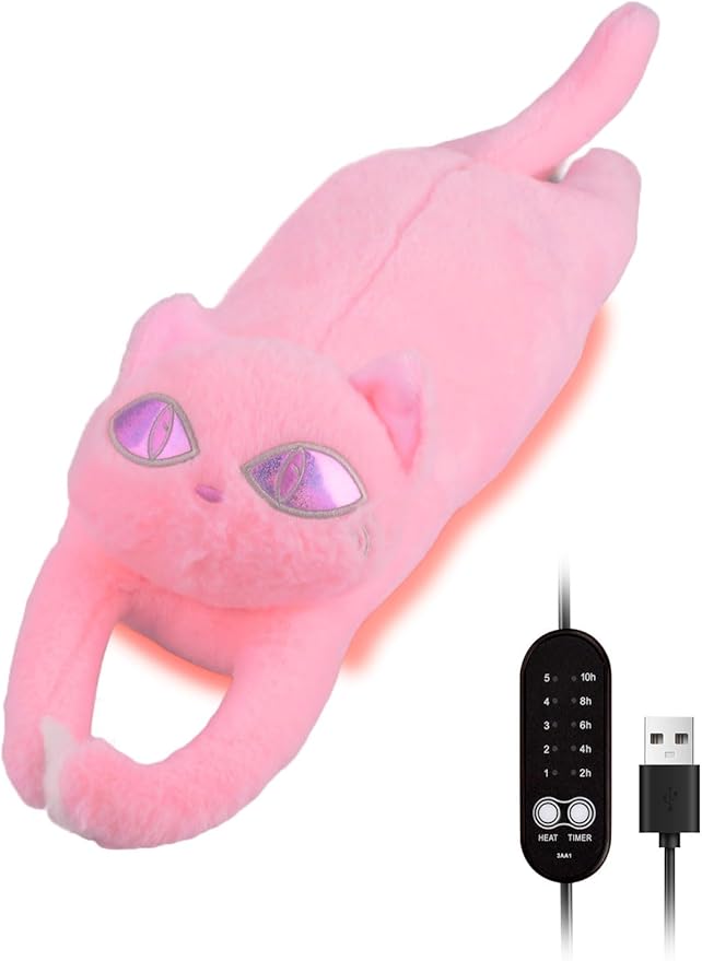 Cat Heating Pad for Period Cramps 5 Heat Settings Auto Shut Off USB Portable Electric Heat Pad Soft Thick Fuzz Stuffed Animal Cute Kitty Warmer for Body Pain Relief Comfort Accompany Help Relax Gift