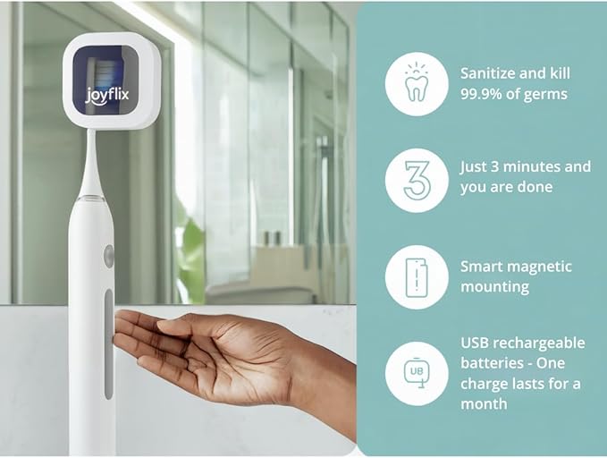UV-C Toothbrush Sanitizer | Portable & Rechargeable | 99.9% Sanitization with Heating Function | Magnetic Mount, Travel-Friendly & Compact Design (White) (Pure White)