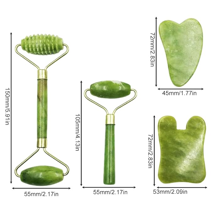 4-PCS Gua Sha Set, Skin Care Roller, Jade Roller Set, Face Stone Facial Roller Massage Tool for Face Eyes Neck Body, Smooth Wrinkles & Eye Puffiness(Green)