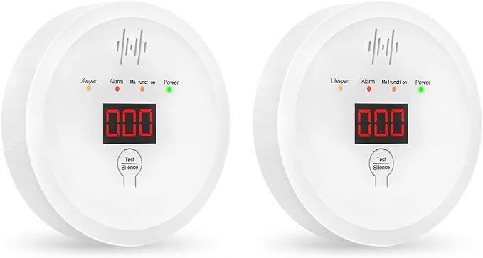 Carbon Monoxide Detectors 90dB Alarm, CO Detector Battery Powered(Not Include), 10-Year Lifespan Carbon Monoxide Alarm with LCD Display for Travel, Home, Kitchen, JA-997, 2 Packs