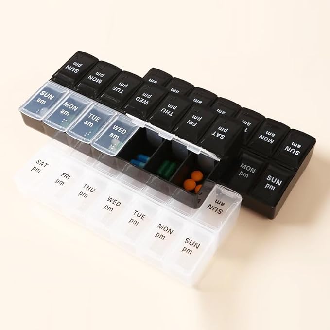 Large Pill Organizer, Weekly Portable Pill Dispenser Reminder, Travel Daily Pill Case Box Holder, Medication Planner for Vitamin, Medicine, Fish Oil, Supplements, 14 Compartment, Transparent