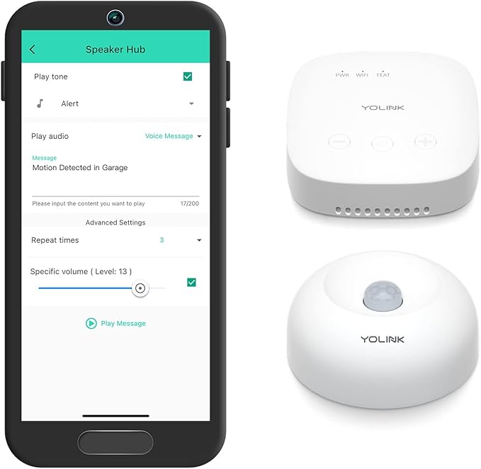 YoLink SpeakerHub & One Motion Sensor Smart Home and Security Kit – Audio Hub Plays Tones/Sounds, Spoken Messages, LoRa-Powered ¼ Mile Range, WiFi Required