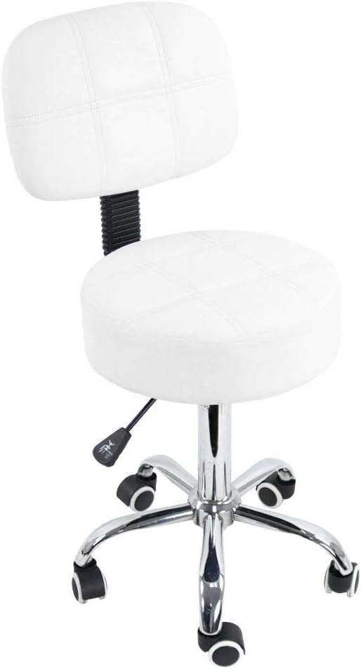 Round Rolling Stool with Back PU Leather Height Adjustable Swivel Drafting Work SPA Medical Salon Stools Chair with Wheels (White)