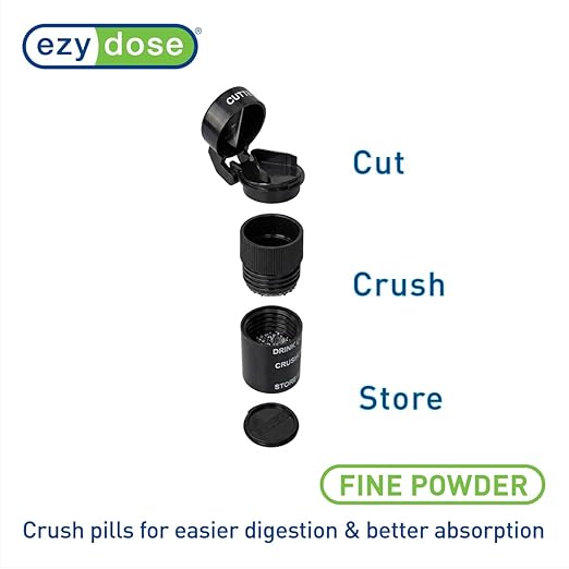 EZY DOSE 3 Compartment Pill Crusher, Cutter and Grinder, Daily Usage, Safely Cut Pills, Vitamins, Tablets, Accurate and Easy Cutting, Stainless Steel Blade, Removable Drinking Cup, Black, BPA Free