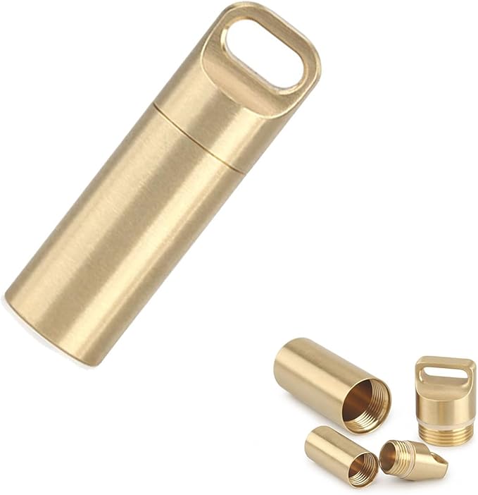 Brass Seals Bottles Keychain,Portable Waterproof Pill Case Key Chain, Mini Canister Medicine Capsule Bottle Pill Container for Outdoor Camping & Travelling EDC Tool, Small