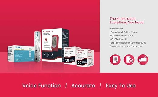 FORA Pro Voice V9 Diabetes Testing Kit for Accurate and Easy Monitoring Your Blood Glucose with Talking Glucometer, 1 Meter, 100 Test Strips, 100 Lancets, 1 Painless Design Lancing Device, Carry Case