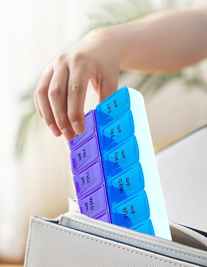 Weekly (14-Day) AM/PM Pill Organizer, 2 Times a Day Pill Case and Planner, Portable Vitamin Containers, Medicine Pill Box(Blue-Purple)