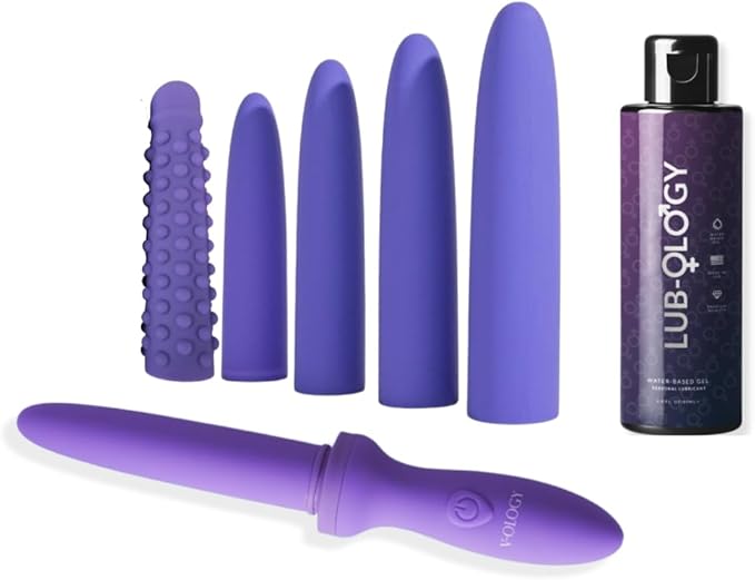 Silicone Dilator Pelvic Floor Exercise Kit, 6 Piece Set, Purple Pelvic Floor Muscle Trainer| Vibrating Kegel Exerciser with Lubricant, Bonus Sleeve & Storage Pouch