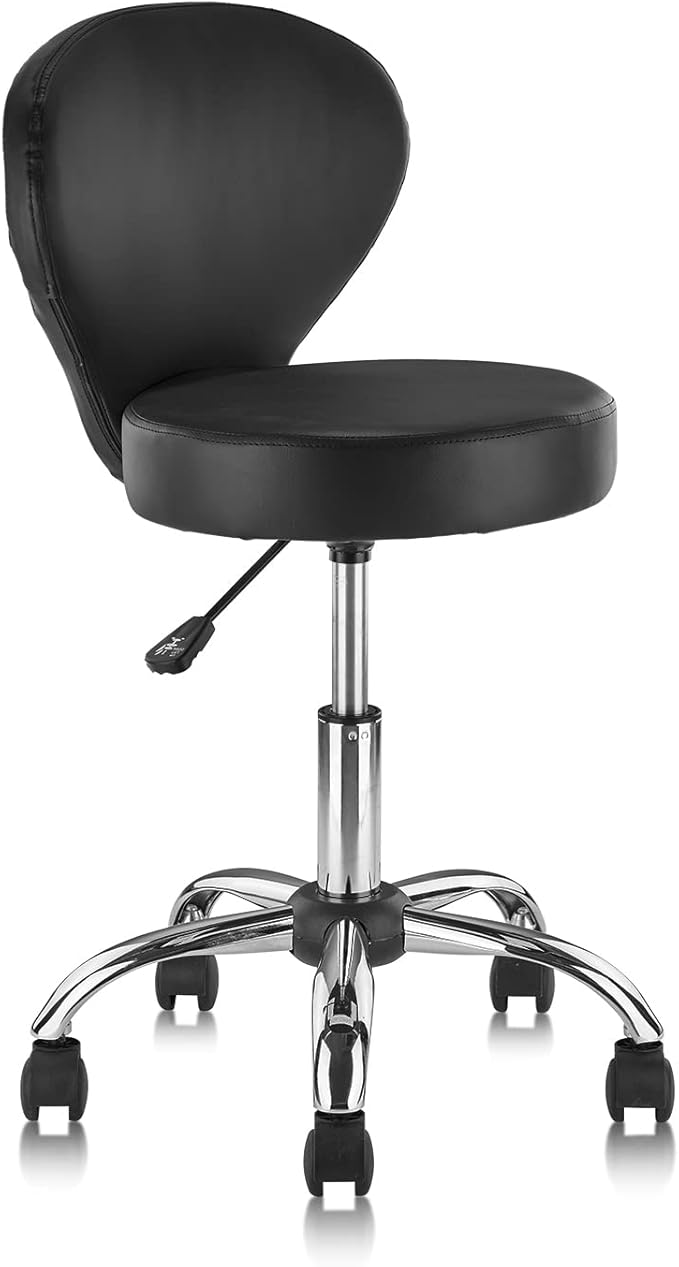 Adjustable Swivel Rolling Stool Chair with Backrest and Wheels, Multi-Purpose Office Desk Chair, Thick Seat Cushion for Home Bar Kitchen Shop, Black