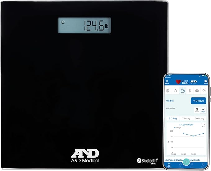 A&D Medical Digital Body Weight Scale - UC-352BLE - Bluetooth Bathroom Weight Machine, Syncs with A&D Heart Track App - 450lb (200kg) - Batteries Included, Black