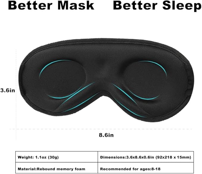 3D Sleep Mask for Kids & Teens (8-18 Years), Zero Pressure & Blackout Eye Cover - Soft Breathable, Adjustable for Travel, Night Use & Deep Sleep