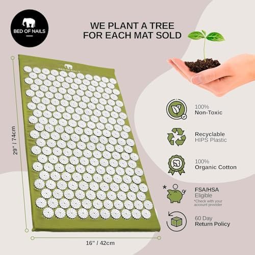 Bed of Nails The Original Premium Acupressure Mat, 8,820 Acupuncture Pressure Points for Back Pain Relief, Increased Energy, Relaxation, FSA/HSA Eligible, with Drawstring Bag, 29 x 16 x 1, Green