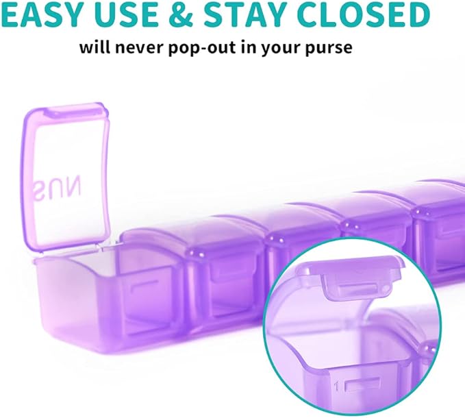 2 Packs Weekly Pill Organizer,Pocket Daily Pill Case Pill Box for Pills/Vitamin/Fish Oil/Supplements (Purple)