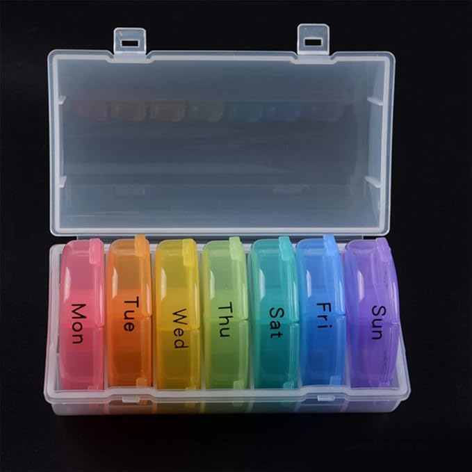 EXCEART Rainbow 21 Compartments Weekly Pill Organizer Portable Medicine Dispenser Round Vitamin Container Travel Holder for Daily Pill Storage