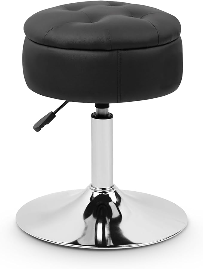 Salon Stool with Big Storage, Height Adjustable 360° Swivel Modern Round Leather Tufted Makeup Vanity Stools for Massage Facial Spa Beauty Nail Medical Clinic Tattoo Barber Shop Lab, Black