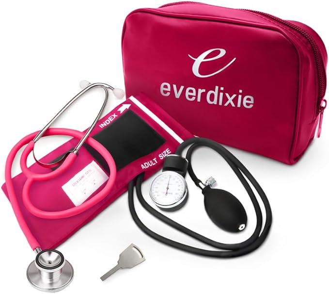 Dixie EMS Aneroid Sphygmomanometer and Dual Head Stethoscope Set with Adult Size Blood Pressure Cuff, Calibration Key and Carrying Case – Pink