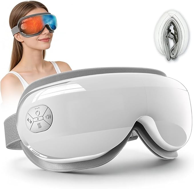 Heated Eye Massager, Eye Massager with Heat and Cooling Birthday White Elephant Gifts for Women Men Wife Him Her Eye Mask Massager for Eyes Strain Dry Eye Migraine Relief Improve Sleep White