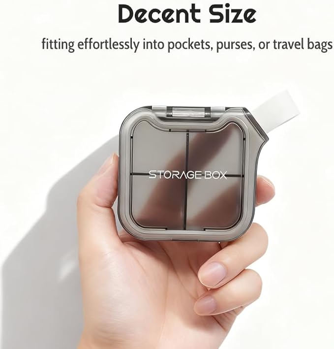 Small Stylish Pill Case, Compact Vitamin Box, Portable Travel Pill Dispenser, 4 Compartments Medications & Supplements Organizer (Black)