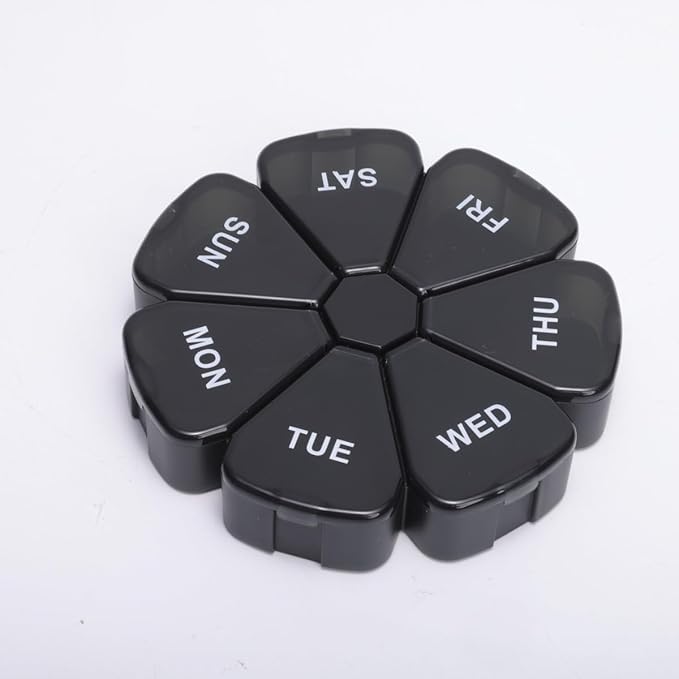 7 Day Pill Organizer, Circular Portable Pill Case with 7 Color-Coded Compartments, Transparent Petal-Shaped Weekly Pill Box for Vitamins, Supplements, Medication Black