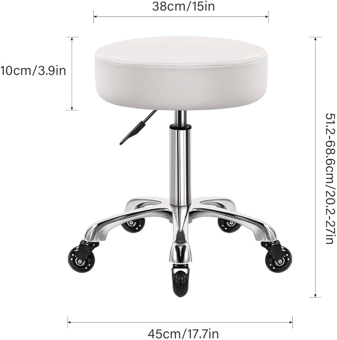 Heavy Duty Rolling Stool with Wheels Hydraulic Swivel Adjustable Rolling Stool Ergonomic Thick Leather Seat Chair for Kitchen Drafting Lab Office Salon Massage – White