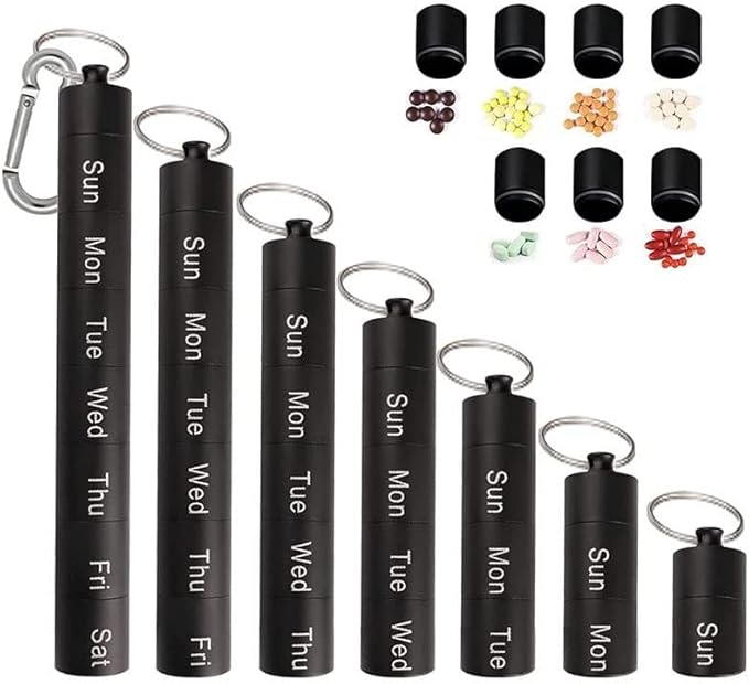 Tvoip Portable Pill Case Keychain Waterproof 7 Days Pill Holder Travel Pill Container Portable Medicine Keychain Daily Airtight Pill Organizer for Outdoor Camping Travel (Black)