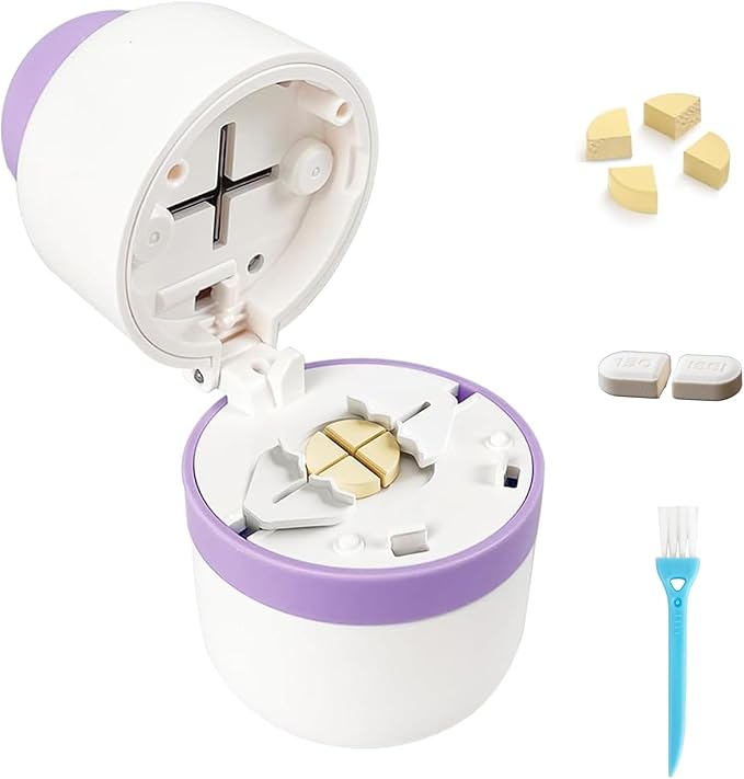 1/4 Pill Cutter with Storage, Professional 1/2 Pill Splitter for Small or Large Pills, Precise & Easy Stainless Steel Blade(Purple)