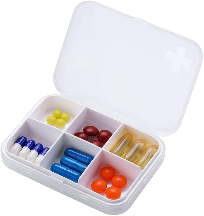 Portable Pill Organizer - Slim Pill Box for Purse or Travel, Compact Pill Case(4+6 Compartment,White)