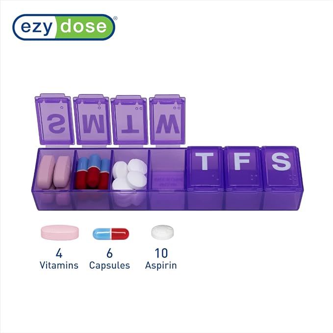 EZY DOSE Weekly (7-Day) Pill Organizer, Vitamin Planner, and Medicine Box Bundle - Medium Compartments, Green and Purple
