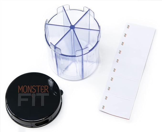 Monster Jr Supplement Pill Dispenser with Labels - Holds Small Medium Medication Vitamins and Easily Dispense from One Container Includes Compartment Labels (Monster Jr - 2 Pack)