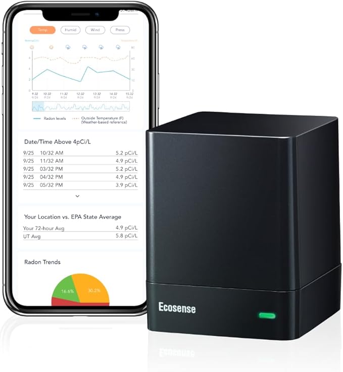 Ecosense EQ100 EcoQube, Digital Radon Detector, Fast Capture of Fluctuating Levels, Short & Long-Term Continuous Monitoring with Trend Charts, Remote Data Access, Only Support 2.4 GHz Networks