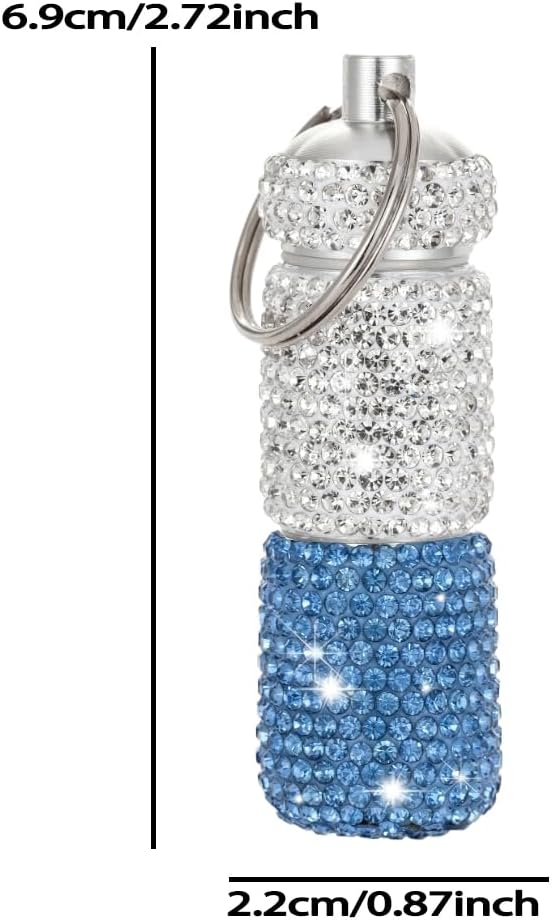 Bling Pill Case Portable Travel Pill Container Bottle Rhinestone Waterproof Small Pill Holder with Keychain Cute Mini Pill Storage Box (white blue)