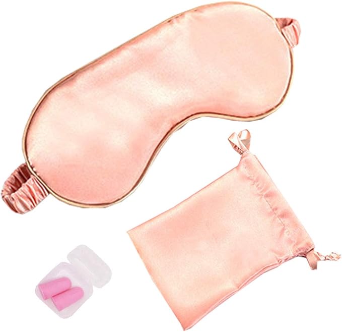 HappyDaily Silk Sleep Mask Set with Luxury Travel Pouch and Boxed Ear Plug - Soft and Comfortable Eye Shade Eye Cover for Full Night Sleep,Nap,Travel (Pink)