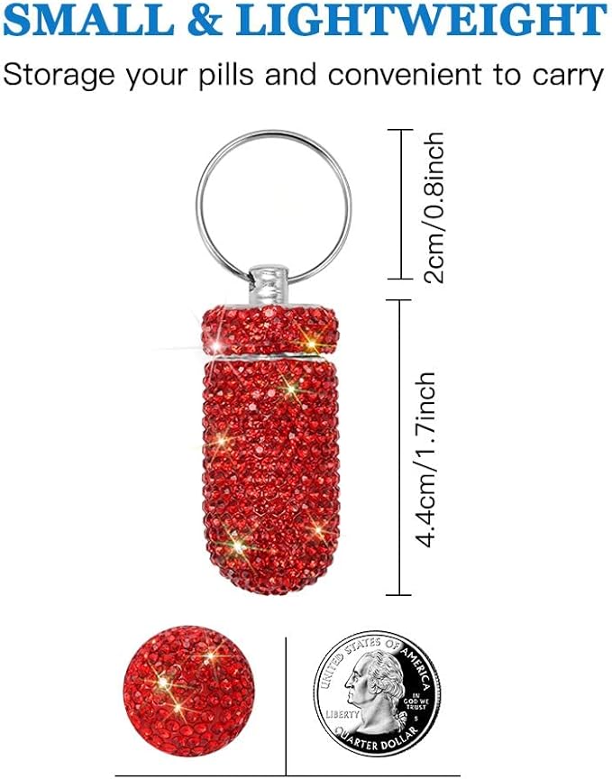 Portable Pill Case Pill Container Waterproof Pill Holder with Keychain Bling Pill Box Medicine Dispenser Bottle Storage for Outdoor Camping Travel (Red)