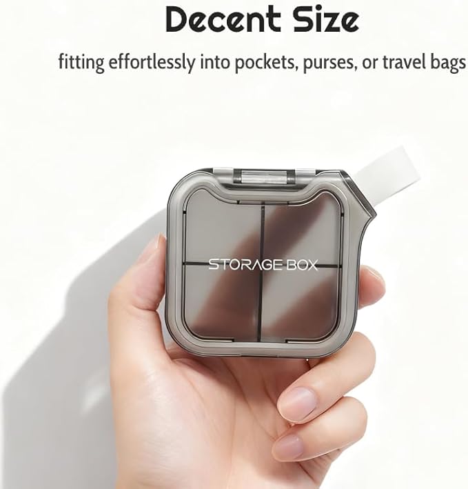 Small Stylish Pill Case, Compact Vitamin Box, Portable Travel Pill Dispenser, 4 Compartments Medications & Supplements Organizer (White)