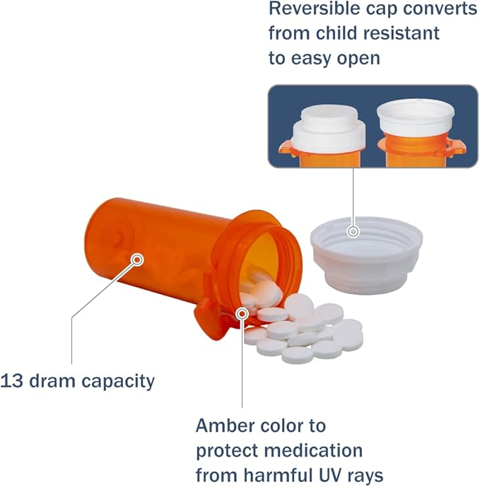 Ezy Dose Pill, Medicine, Vitamin Container & Vial, 13 Dram Storage, Child-Resistant Push-Tab Reversible Safety Cap, Easy-to-Use, Amber, Case of 200