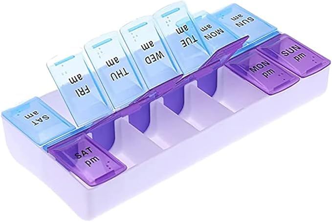 Weekly Pill Organizer 2 Times A Day 7 Day Pill Box Holder Large Daily Medicine Organizer Travel Pill Case Pill Container (2 Times Blue+Purple)