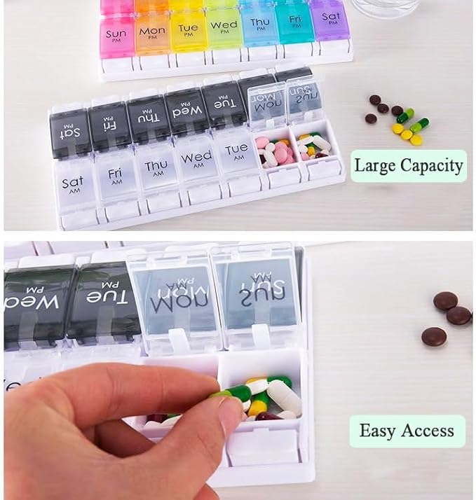 7-Day Weekly Pill Case, Daily Medicine Box Planner, Portable Vitamin Organizer Dispenser, AM/PM, Large 14 Compartments Capsule Fish Oil Tablet Container, Black and Transparent Lids, BPA Free