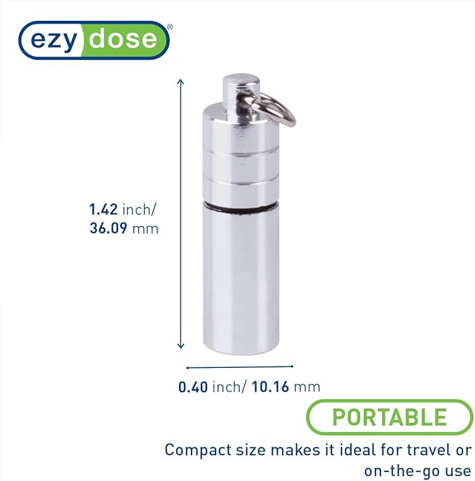 EZY DOSE Keychain Pill Box and Medicine, Vitamin Container, Safe for Money & Travel Items, Metal Canister, Single Small Pill Holder for Nitro Heart Pills, Small Compartments, BPA Free
