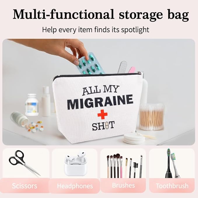 Migraine Medicine Bag for Travel Headache Meds Bag Gifts for Migraine Sufferers Headache Pouch Cosmetic Bags with Zipper Medical Bags for Patients Funny Pouch Pill Organizer Canvas Medication Pouches