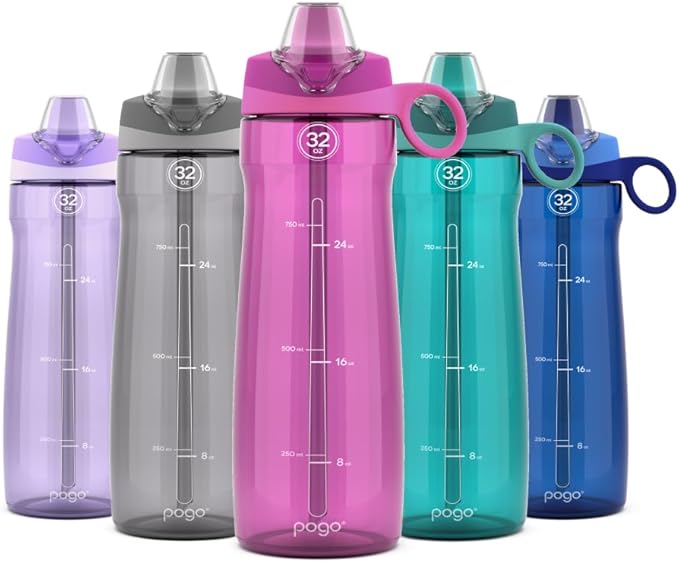 Pogo Plastic Water Bottle with Straw Lid and Carry Handle, Reusable, BPA Free, Dishwasher Safe, Perfect for Travel, School, Outdoors, and Gym | 32oz, 40oz
