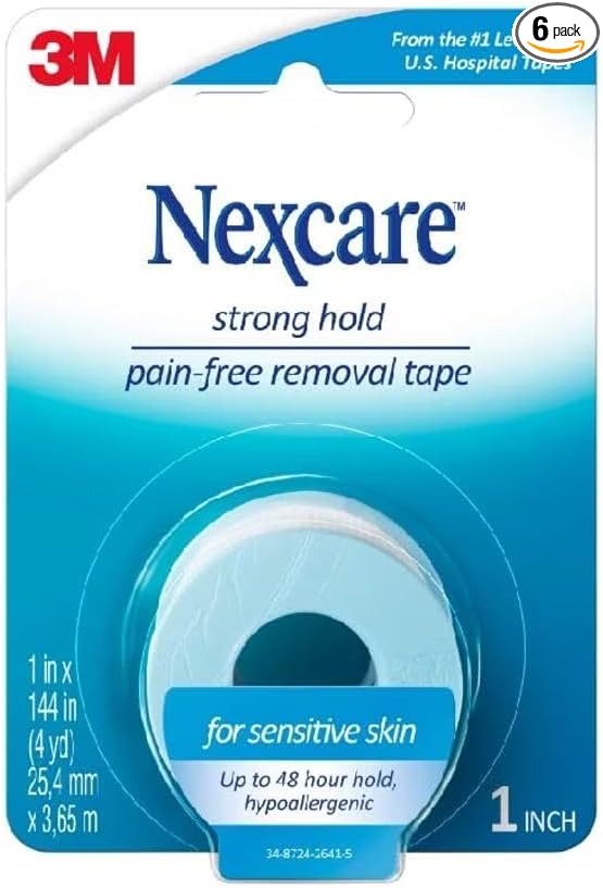 Nexcare Sensitive Skin Tape, Pain-free removal with minimal hair-pulling, 1 in x 4 yd, 6 pack