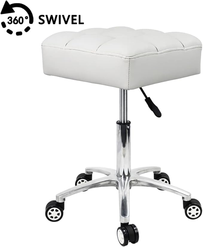Rolling Stools Square Seat Thick PU Leather 360° Swivel Stool with Wheels Hydraulic Lift Height Adjustable Stool Chair for Home Kitchen Drafting Lab Office Salon Massage Stool（White）