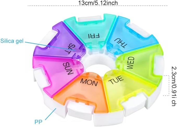 Weekly Pill Organizer 7 Day Round Pill Box Arthritis Friendly Spring Open, Leak-Proof Compartments for Vitamins, Medications & Supplements BPA-Free Travel Pill Case, Color-Coded Daily, Spill-Proof