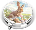 Portable Round 3 Compartment Metal Pill Box Features A Brown Rabbit with Easter Eggs Perfect for Organizing Medications Traveling Or Celebrating Easter