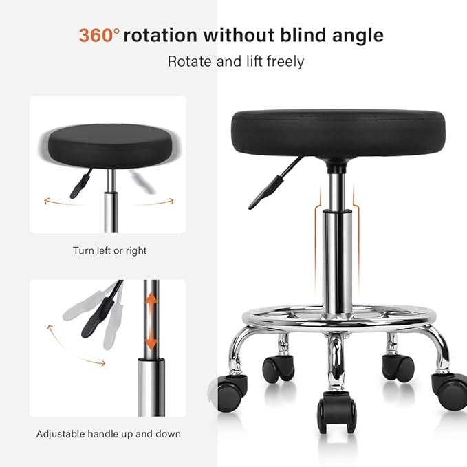 KKTONER PU Leather Round Rolling Stool with Foot Rest Swivel Height Adjustment Spa Drafting Salon Tattoo Work Office Massage Stools Task Chair Cushion 14 inches (Black)