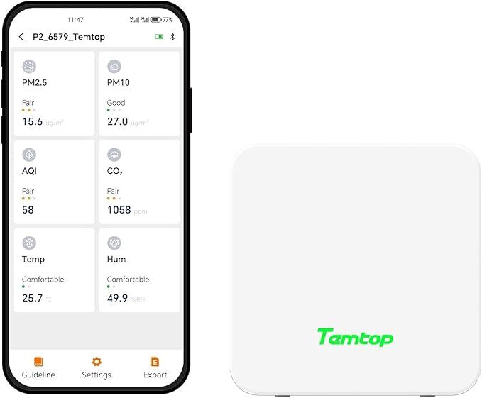 Temtop P2 Air Quality Monitor - CO2, PM2.5, PM10 Detector with Real-Time AQI, Temperature & Humidity Sensor, Bluetooth App for Home, Office, Car & Travel Use