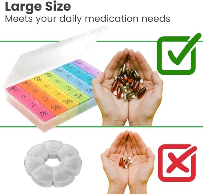 BaHoki Essentials Weekly Pill Organizer - Portable 7-Day Pill Box with 3 Times Per Day Compartments