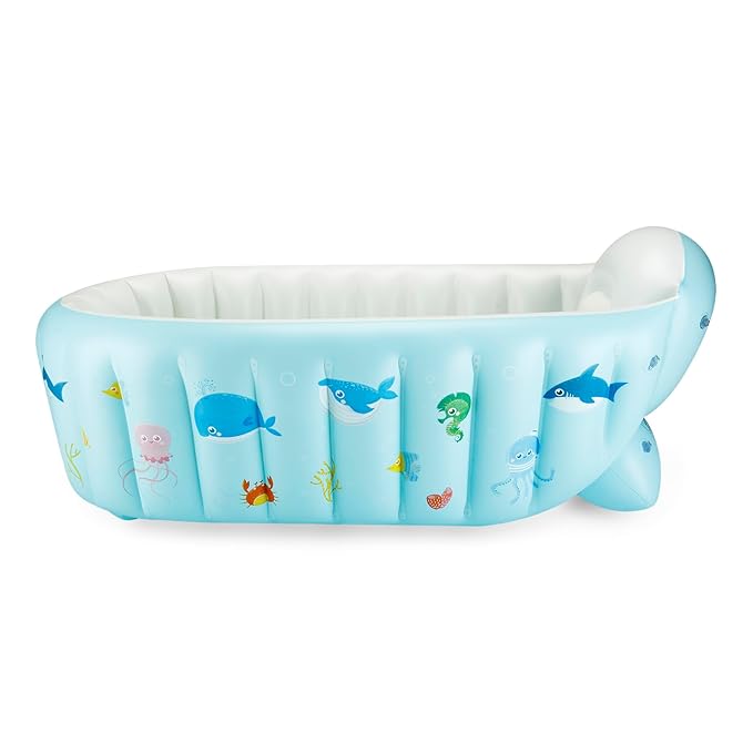 PandaEar Baby Inflatable Bathtub, Portable Travel Baby Infant Bath Tub Toddler Bathtub with Air Pump, Foldable Non-Slip Shower Basin Mini Air Swimming Pool for Newborn (Whale Blue)
